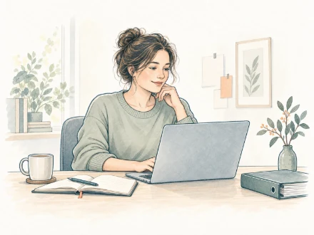 Illustration: eine Frau arbeitet am Laptop an ihrem aufgeräumten Schreibtisch.