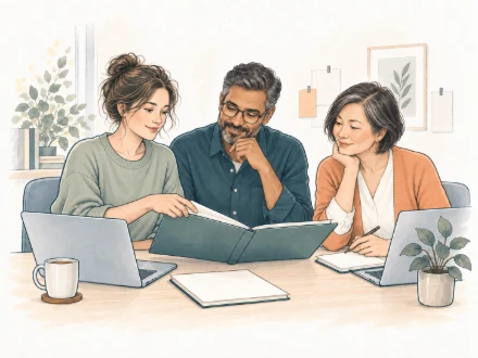 Illustration: drei Menschen arbeiten gemeinsam an einem Projekt.