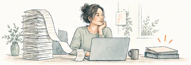 Illustration: eine Frau am Schreibtisch neben einem hohen Stapel Papier.